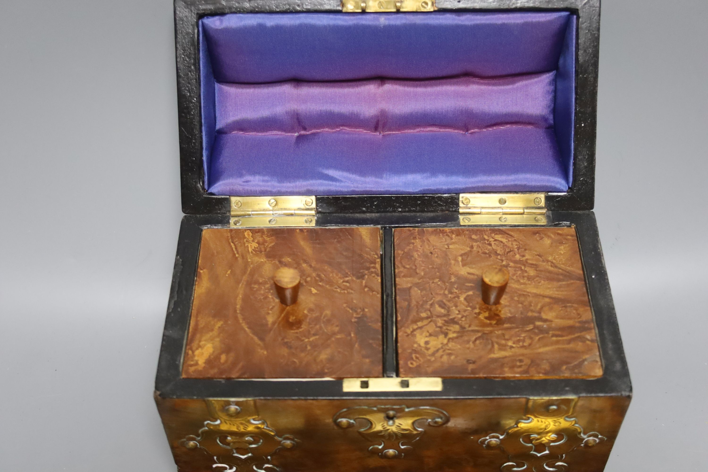 A 19th century domed brass mounted tea caddy, 23 x 18cm and a two bottled ink stand